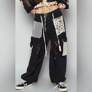 POL Black and Cream Distressed Joggers